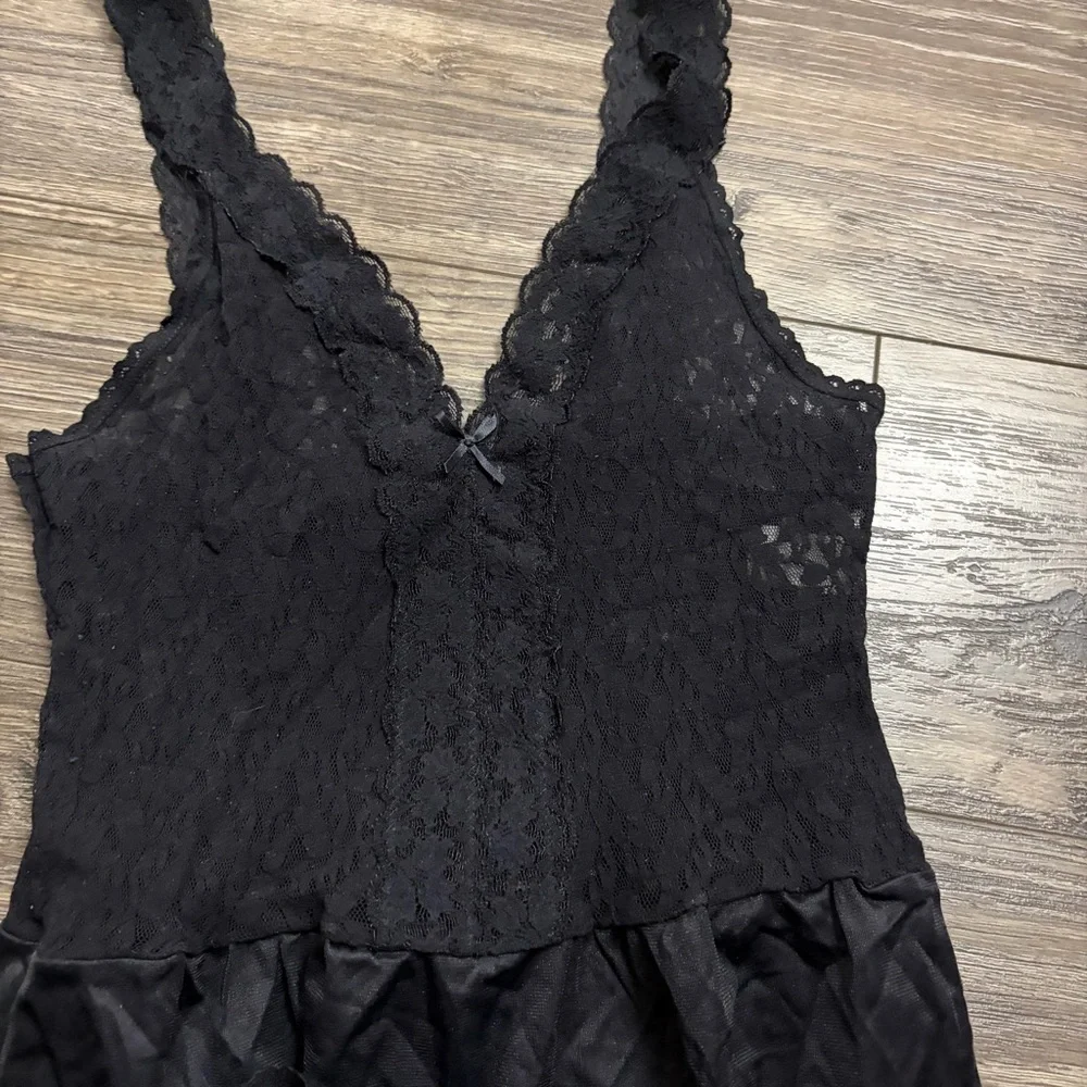 90s European Vintage Charmant Silky Corset Lace Bodice Slip Dress Black S/M
